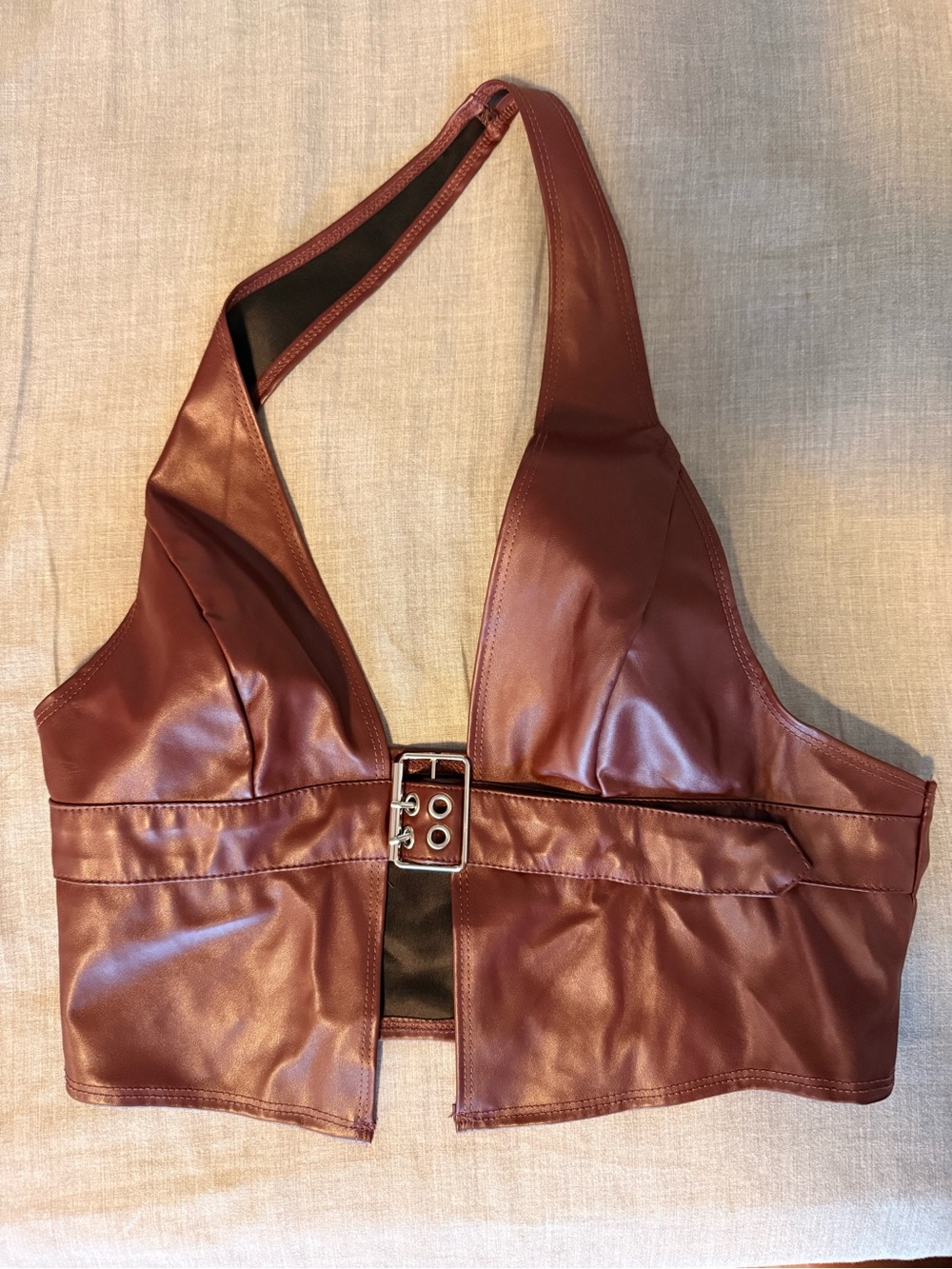 SHEIN Burgundy Faux Leather Halter Crop Top with Front Buckle Detail